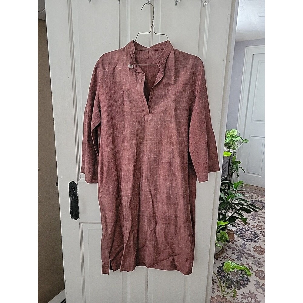 Lagenlook Linen Pink Peach Black Dress Midi Pockets Kaftan Vtg